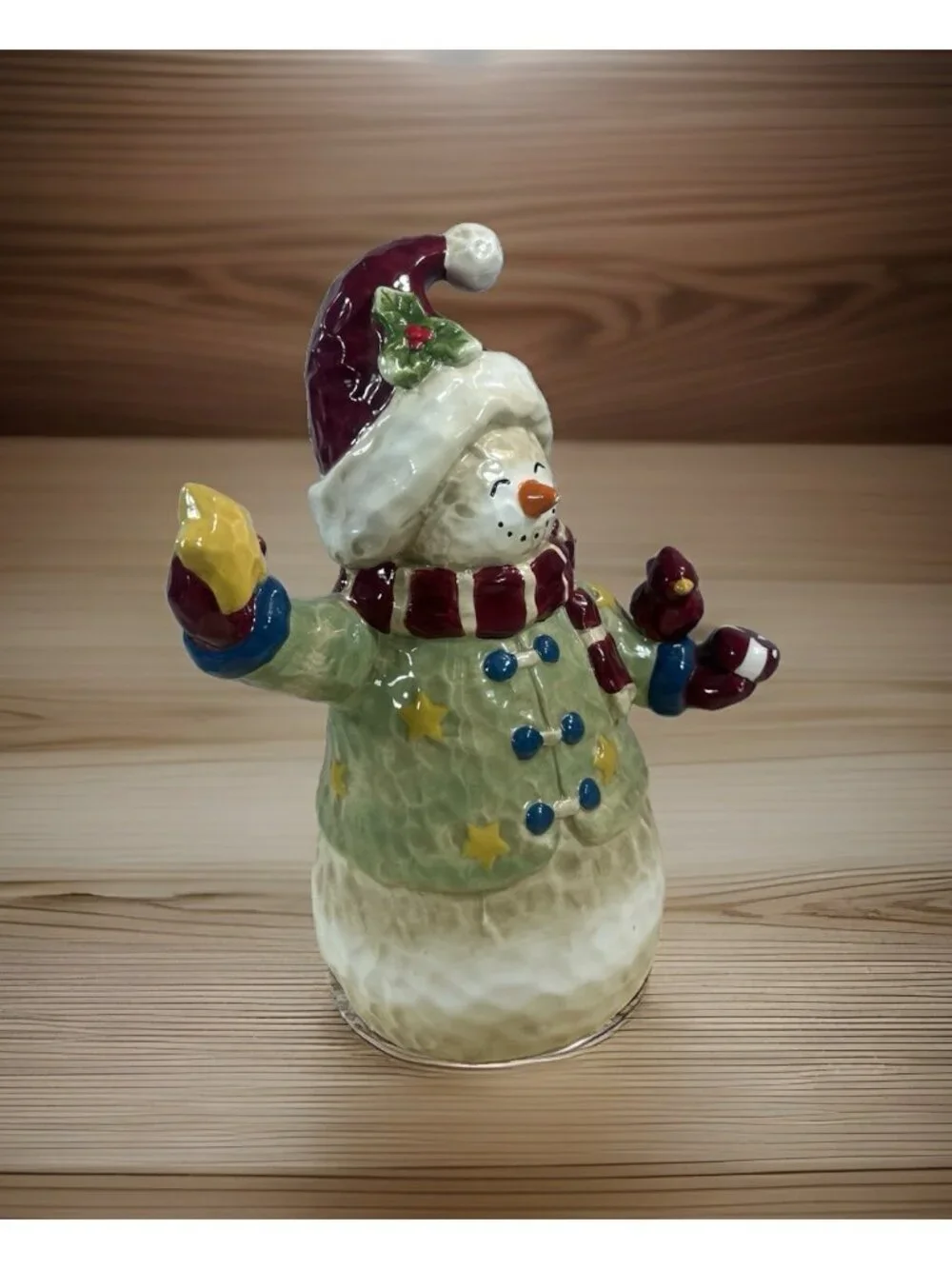 Vintage Painted Folk Art Farmhouse Pottery Snowman With cardinal & Star Decor